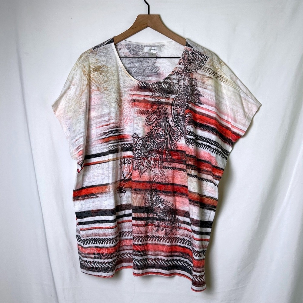 cj banks Women Paisley Stripe Short Sleeve Top Size 3X Coral Black Boho Artsy